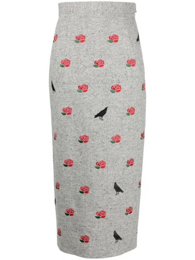 Thom Browne Rose-embroidered Wool Pencil Skirt In Grau