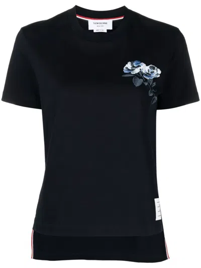 Thom Browne Navy Blue Rose-embroidered Cotton T-shirt