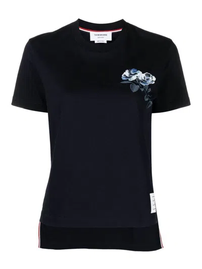 Thom Browne Navy Blue Rose-embroidered Cotton T-shirt