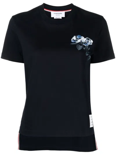 Thom Browne Rose-embroidered Cotton T-shirt In Black