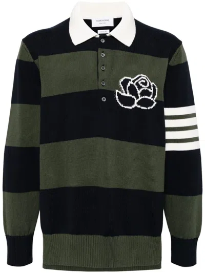 Thom Browne Khaki & Navy Striped Polo In Multi