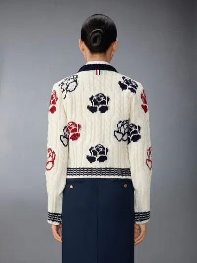 Thom Browne Rose Intarsia And Cable Check Cardigan Women In Neutral