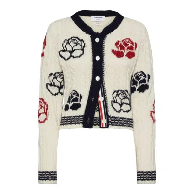 Thom Browne Rose Intarsia And Cable Check Cardigan Women In Neutral