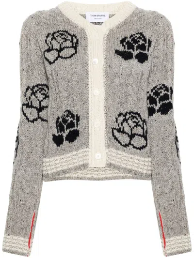 Thom Browne Gray Donegal Cable & Rose Cropped Cardigan In Grey
