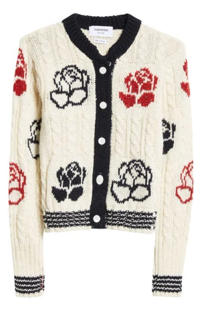 THOM BROWNE THOM BROWNE ROSE INTARSIA CABLE KNIT WOOL & MOHAIR CARDIGAN