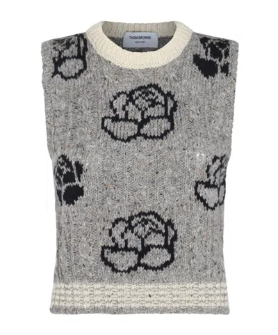 Thom Browne Rose-intarsia Sleeveless Jumper In Gray