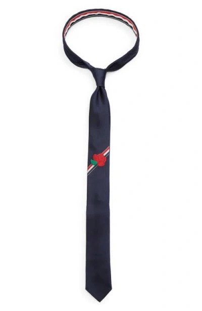 Thom Browne Rose Stripe Silk Tie In Navy