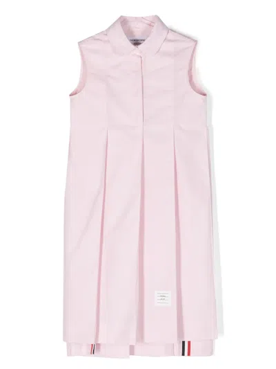 Thom Browne Kids' Round-collar Pleated Shirt Dress In 粉色