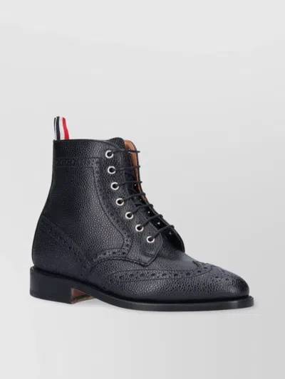 Thom Browne Round Toe Leather Ankle Boots With Brogue Detailing In Black