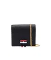 Thom Browne Mini 3-bow Card Holder With Chain Strap In Pebble Grain Leather In Black