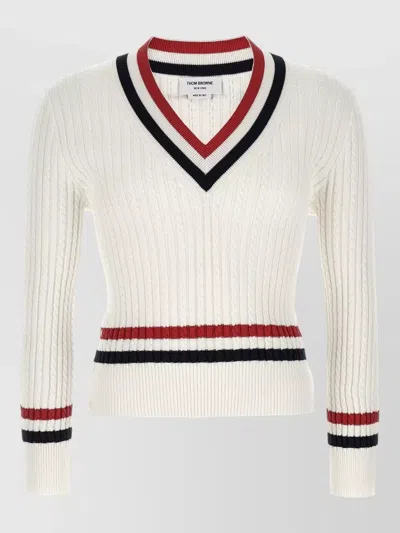 Thom Browne Rwb Cable Knit Sweater Button Detail V Neck In Multi