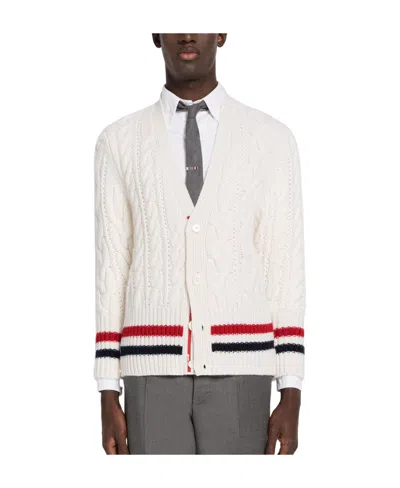 Thom Browne Rwb Cable-knit V-neck Cardigan In White