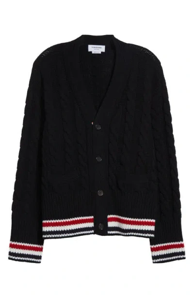 Thom Browne Rwb Cable Knit Wool Cardigan In Blue