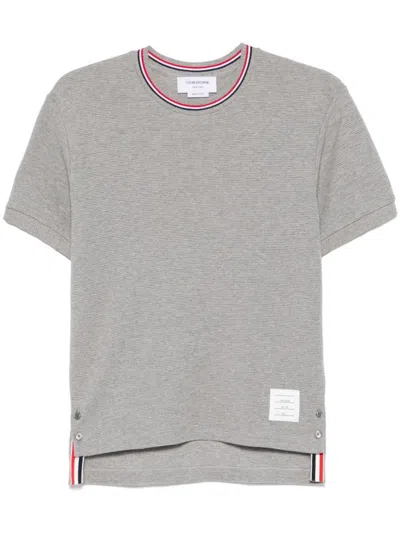 Thom Browne Short-sleeve Cotton T-shirt With Striped Neckline And Snap Hem In Gray