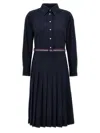 Thom Browne Elegant Midi Shirt Dress With Pleated Skirt And Tri-color Belt In Blue