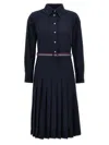 Thom Browne Elegant Midi Shirt Dress With Pleated Skirt And Tri-color Belt