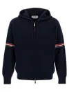 Thom Browne Zip-up Hoodie With Drawstring And Contrast Stripes In Blue