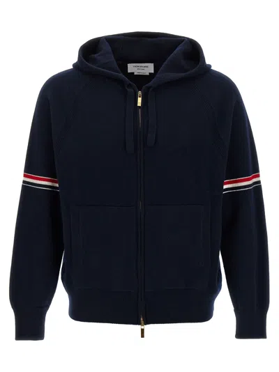 Thom Browne Zip-up Hoodie With Drawstring And Contrast Stripes In Blue
