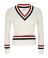 Thom Browne Rwb Cable Knit Sweater Button Detail V Neck In White
