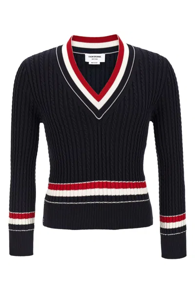Thom Browne Intarsia Sweater V Neck Cable Knit Buttons In Black