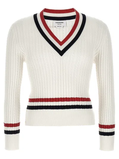 Thom Browne Rwb Cable Knit Sweater Button Detail V Neck In Multi