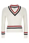 Thom Browne Rwb Cable Knit Sweater Button Detail V Neck In White