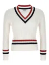 Thom Browne Rwb Cable Knit Sweater Button Detail V Neck In White