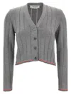 Thom Browne Ladder Full Needle Rib Stitch V Neck Car In Gray