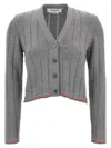 Thom Browne Ladder Full Needle Rib Stitch V Neck Car In Gray
