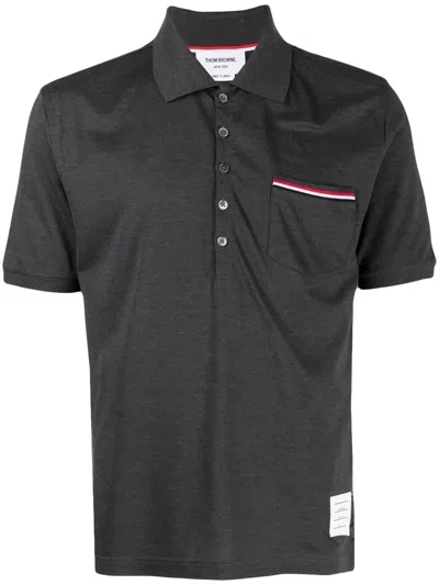 Thom Browne Heather Polo Shirt With Striped Pocket In Gray