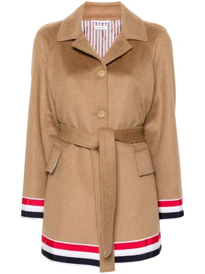 Thom Browne Rwb-stripe Belted Coat In Gold