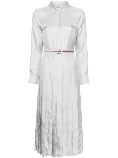 Thom Browne Rwb-stripe Belted Silk Shirtdress In Grey