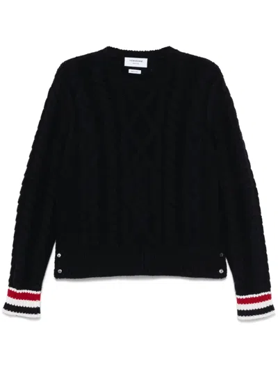 Thom Browne Rwb-stripe Cable-knit Sweater In Black