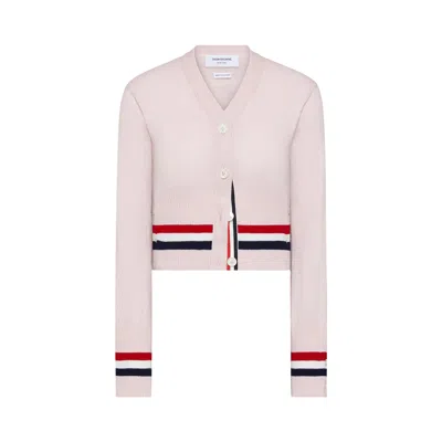 Pre-owned Thom Browne Rwb Stripe Cashmere Shrunken V Neck Cardigan 'light Pink' | Women's Size 40