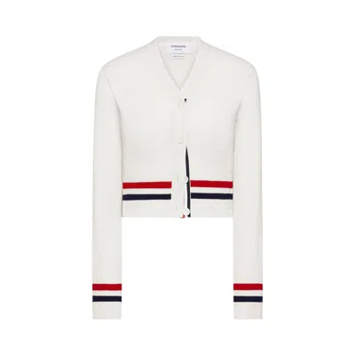 Pre-owned Thom Browne Rwb Stripe Cashmere Shrunken V Neck Cardigan 'white' | Women's Size 40
