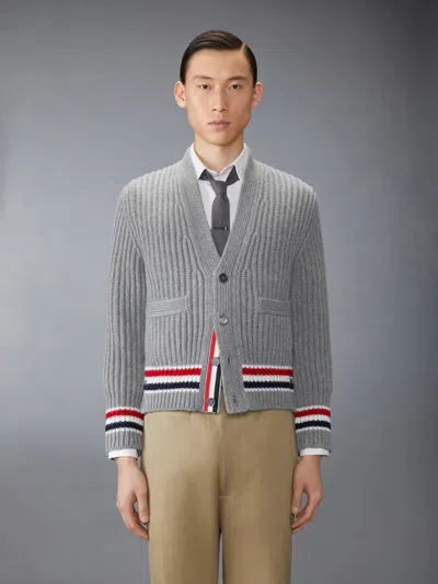 Thom Browne Rwb Stripe Cashmere V Neck Cardigan Men In Gray