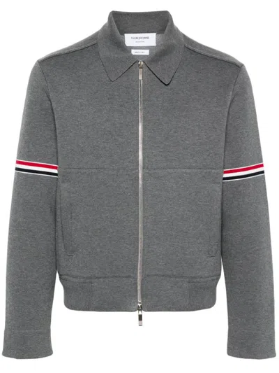 Thom Browne Rwb-stripe Cotton Jersey Zip-up Jacket In Grey