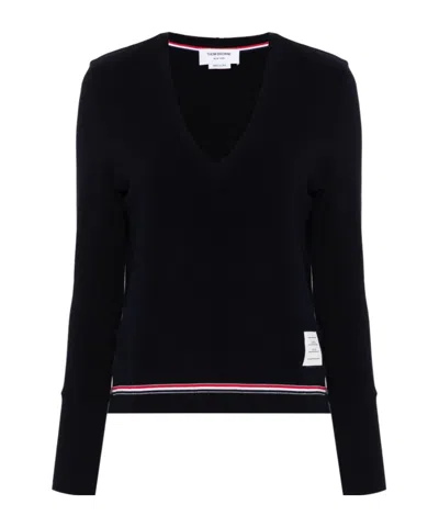Thom Browne Cotton Pique V Neck Long Sleeve In Navy