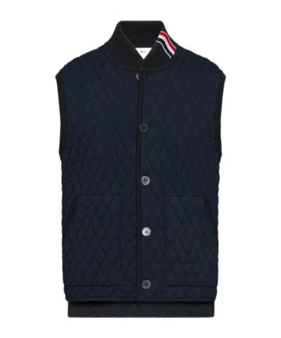 Thom Browne Rwb Stripe-detail Quilted Vest In Blue