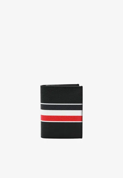 Thom Browne Rwb Stripe Double Cardholder In Grained Leather In Black