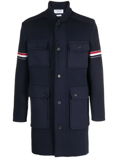 Thom Browne Rwb-stripe Fine-ribbed Coat In Blue