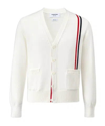 Thom Browne Rwb Stripe Intarsia Cotton Cardigan In White