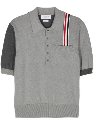 Thom Browne Rwb-stripe Knitted Polo Shirt In Grey