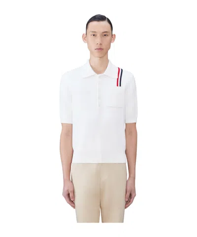 Thom Browne Rwb Stripe Knitted Polo Shirt In White