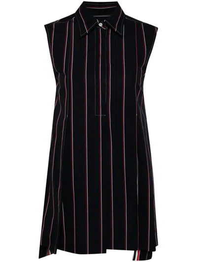 Thom Browne Rwb Stripe Mini Wide Shirt Dress In Black