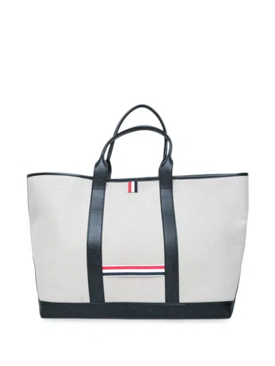 Thom Browne Rwb Stripe Pebble-grain Leather-trim Tote Bag In Neutral