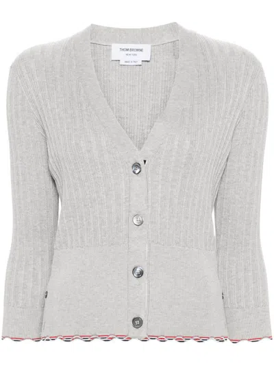 Thom Browne Rwb-stripe Ribbed Cardigan In Grey