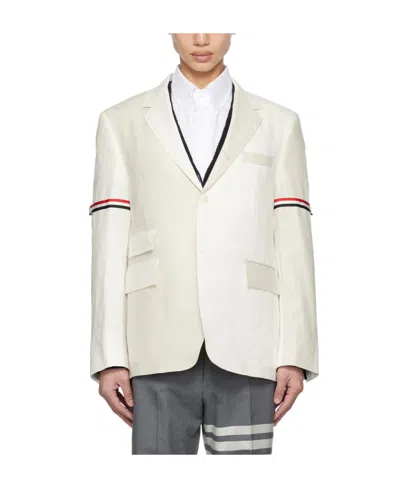 Thom Browne Rwb Stripe Single-breasted Linen Blazer In White