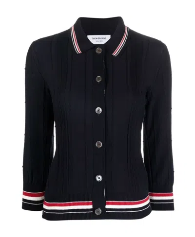 Thom Browne Rwb Stripe Trim Polo Top In Black