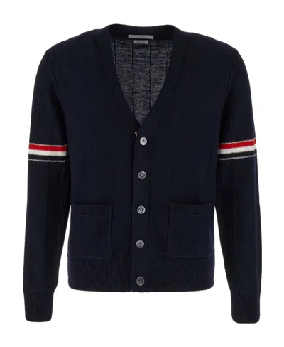 Thom Browne Tricolour Stripe Detail V-neck Cotton Cardigan In Blue